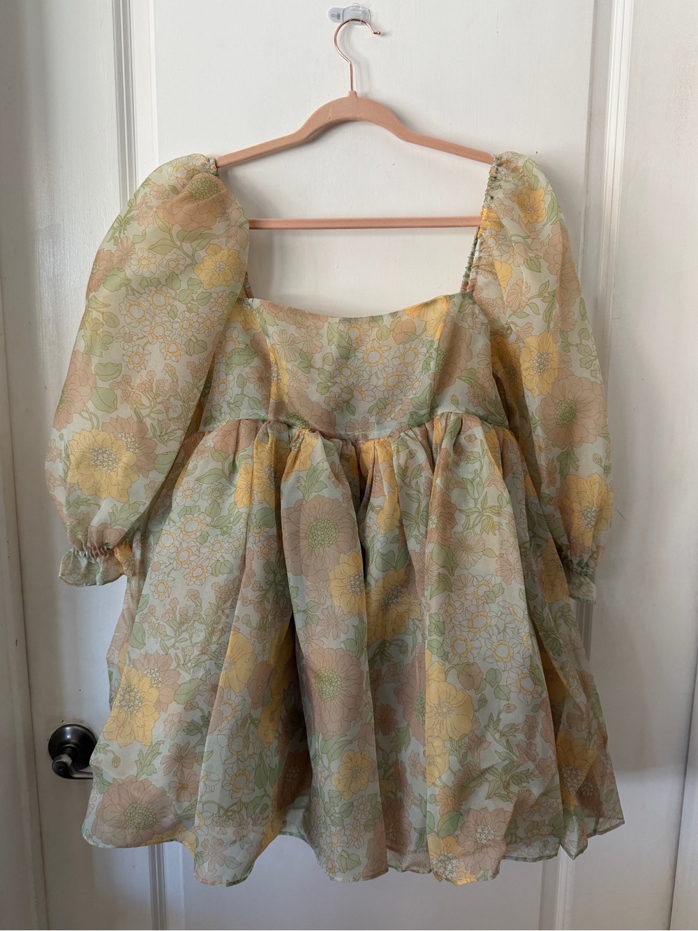 Selkie Citrus Puff Sleeve Mini Dress in Yellow & Sage